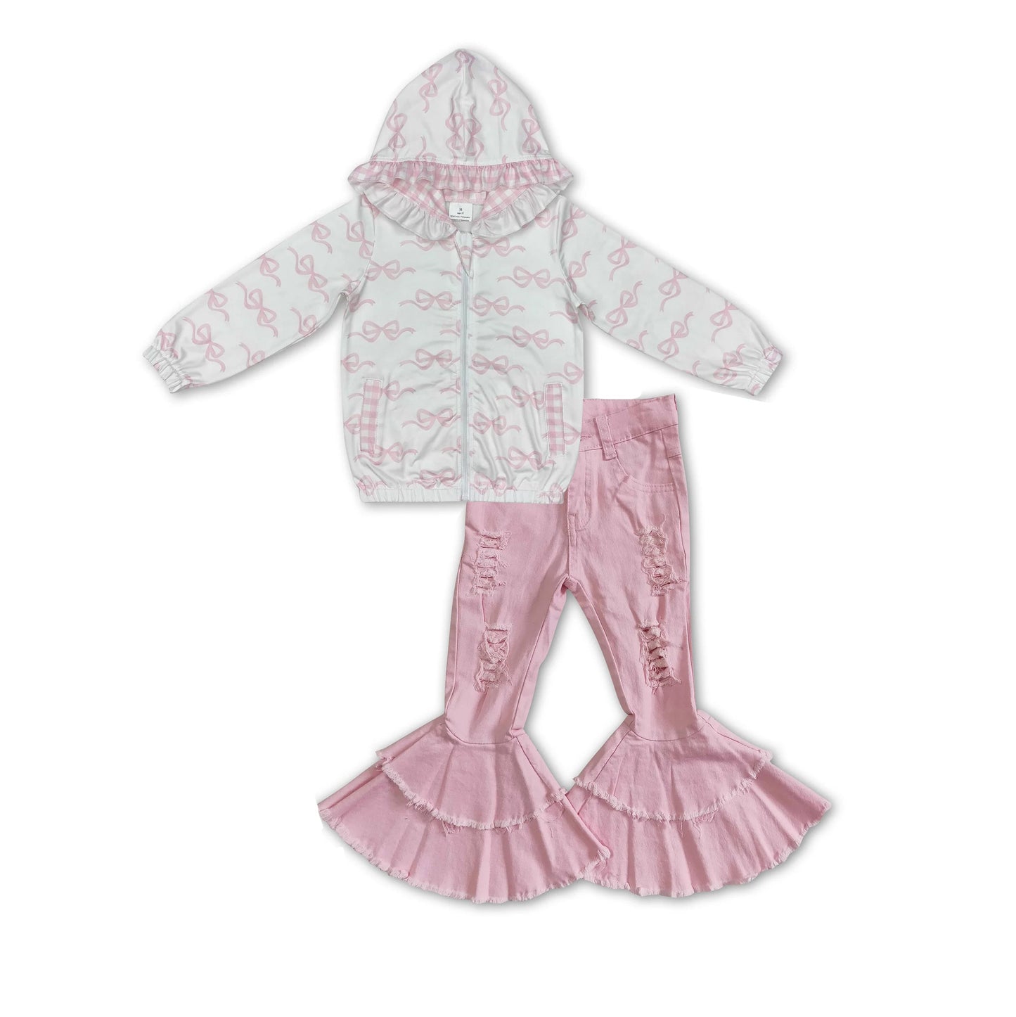 Baby Girl Long Sleeves Bows Hooded Zipper Coat Pink Denim Pants Jeans Clothes Set