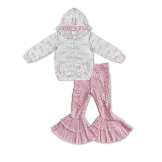 Baby Girl Long Sleeves Bows Hooded Zipper Coat Pink Denim Pants Jeans Clothes Set