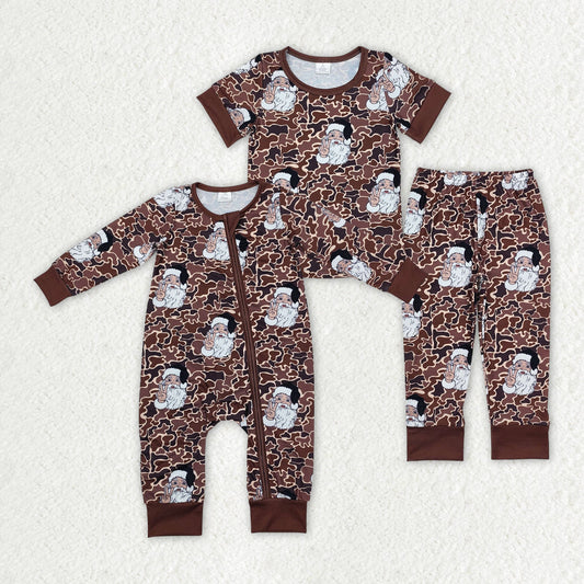 Baby Boy Christmas Camo Santa Sibling Brother Bamboo Romper Pajamas Set