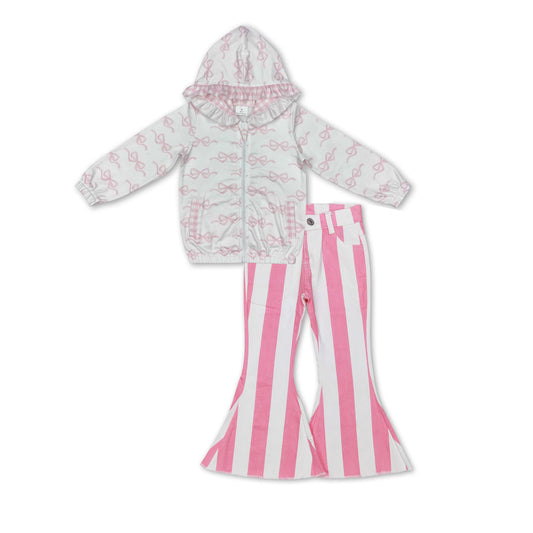 Baby Girl Long Sleeves Pink Bows Hooded Zipper Coat Stripes Denim Jeans Pants Clothes Set