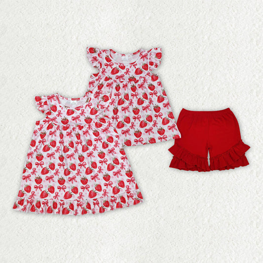 Baby Girl Short Sleeves Strawberry Bows Sibling Dress Outfit Clothes RTS
