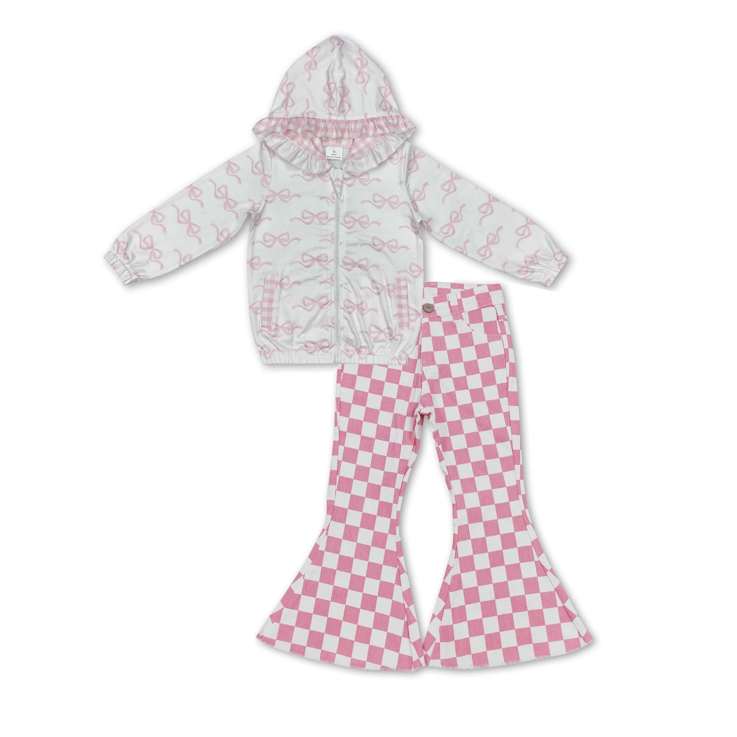 Baby Girl Long Sleeves Pink Bows Hooded Zipper Coat Checked Denim Jeans Pants Clothes Set