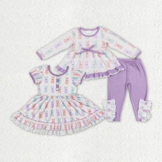 Baby Girl Kids Easter Rabbits Sibling Purple Dress Clothes Set