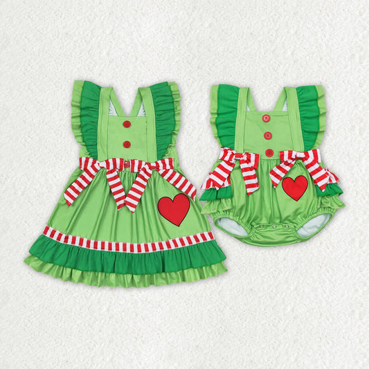 Baby Girl Christmas Hearts Sibling Green Romper Dress