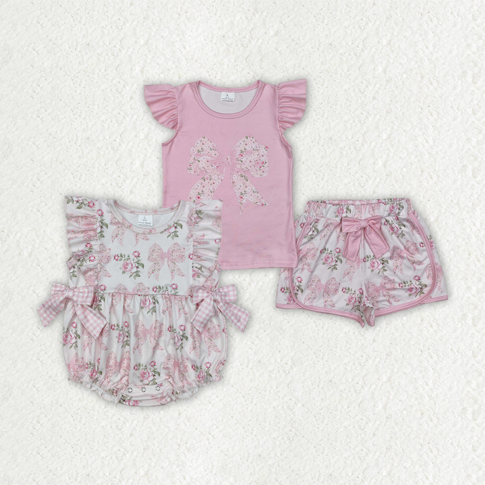 Baby Girl Short Sleeves Flower Bows Summer Sibling Pink Romper Outfit RTS