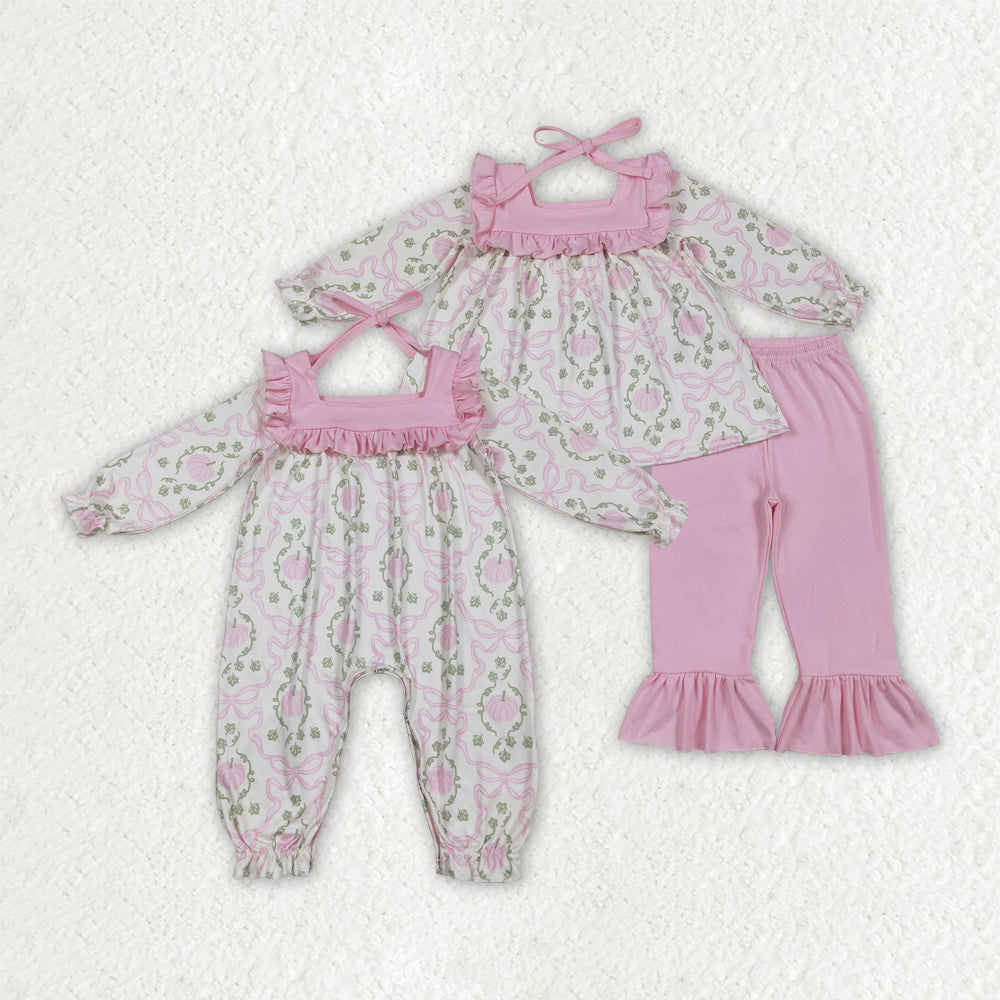 Baby Girl Toddler Long Sleeves Pumpkins Bows Sibling Pink Romper Set Clothes RTS