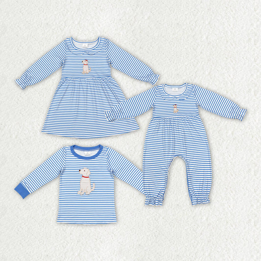 Baby Boy Girl Blue Stripes Embroidery Dog Sibling Dress Romper