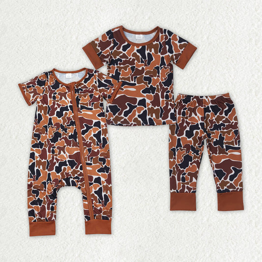 Baby Boy Brown Camo Bamboo Sibling Romper Pajamas Set