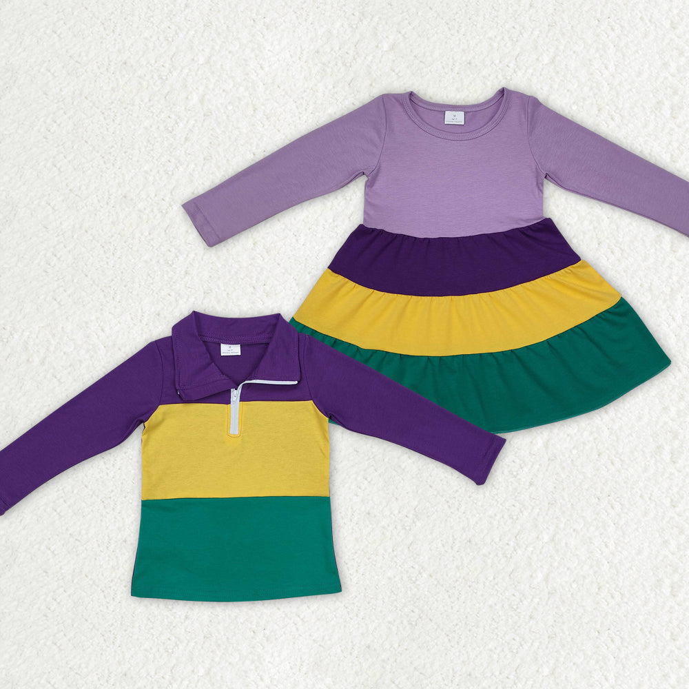 Baby Boy Girl Purple Long Sleeves Mardi Gras Sibling Cotton Shirt Dress Clothes
