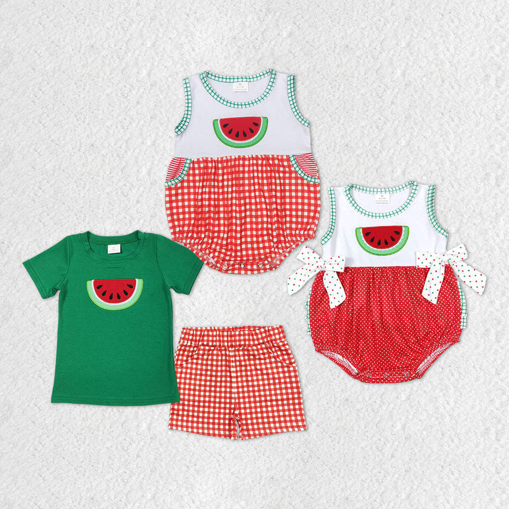 Baby Boy Girl Embroidery Watermelon Sibling Summer Romper Clothes Set