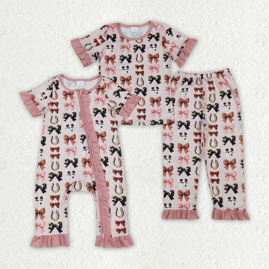 Baby Girl Short Sleeves Western Bows Sibling Ruffle Zipper Romper Pajamas Set Clothes RTS