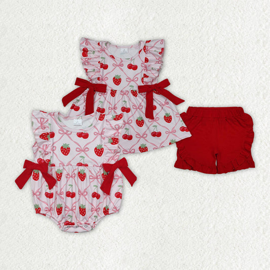 Baby Girl Shorts Sleeves Strawberry Bows Sibling Romper Clothes Set RTS