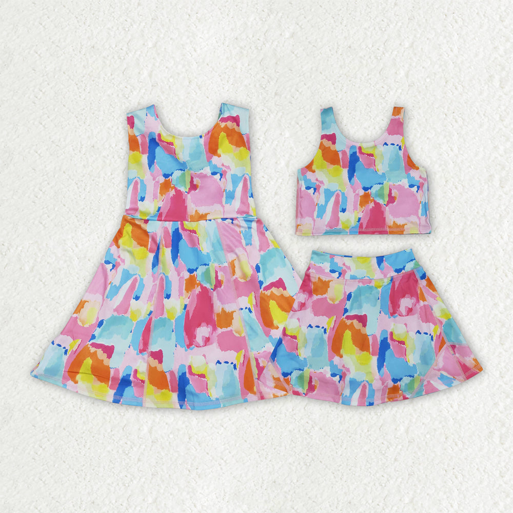 Baby Girl Sleeveless Tie Dye Yoga Active Sibling Skort Dress Set Athletic Clothes RTS