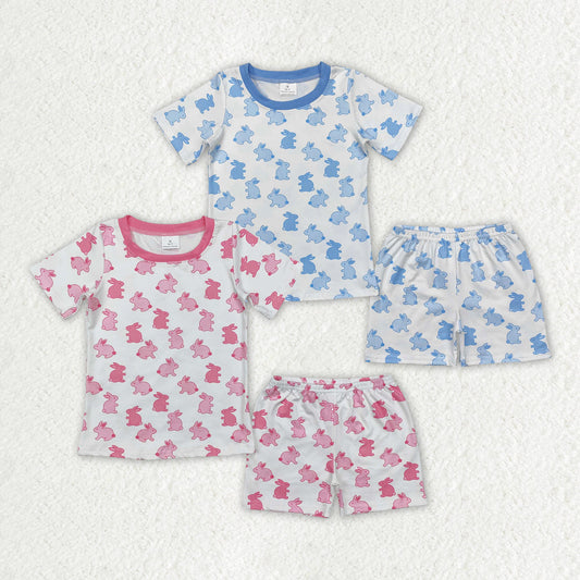 Baby Boy Girl Short Sleeves Easter Rabbits Shirt Shorts Sibling Pajamas Clothes Set