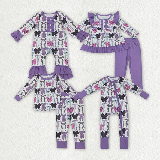 Baby Girl Long Sleeves Halloween Bows Sibling Purple Romper Pajamas Outfit Clothes RTS