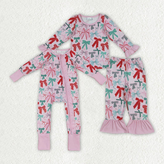 Baby Girl Long Sleeves Christmas Bows Sibling Romper Pajamas Set RTS