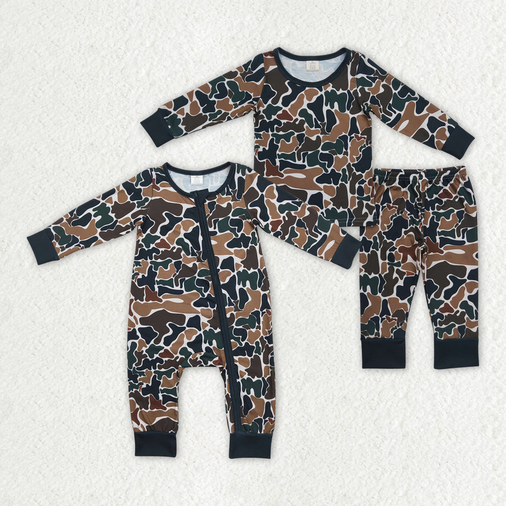 Baby Boy Brown Camo Bamboo Sibling Romper Pajamas Clothes Set