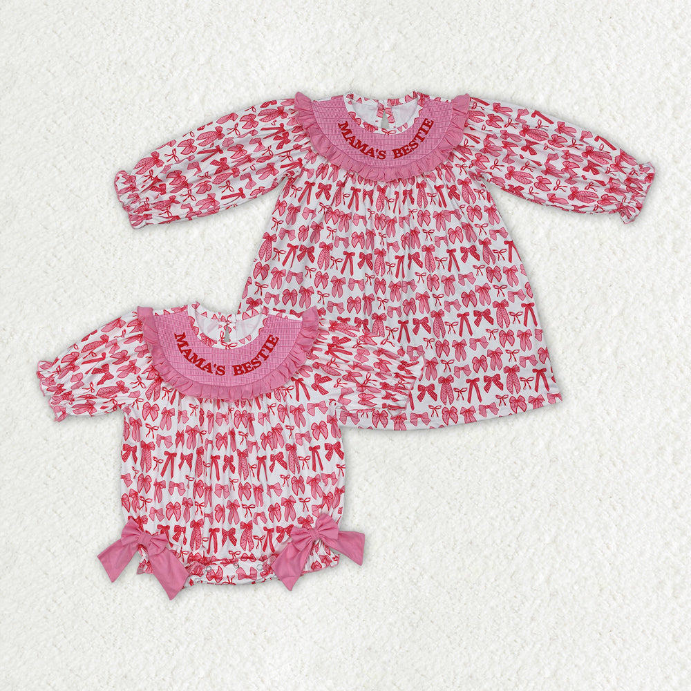 Baby Girl Mama's Bestie Smocked Embroidery Sibling Romper Dress Clothes