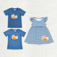 Baby Boy Girl Blue Stripes Embroidery Flower Pumpkin Sibling Shirt Dress