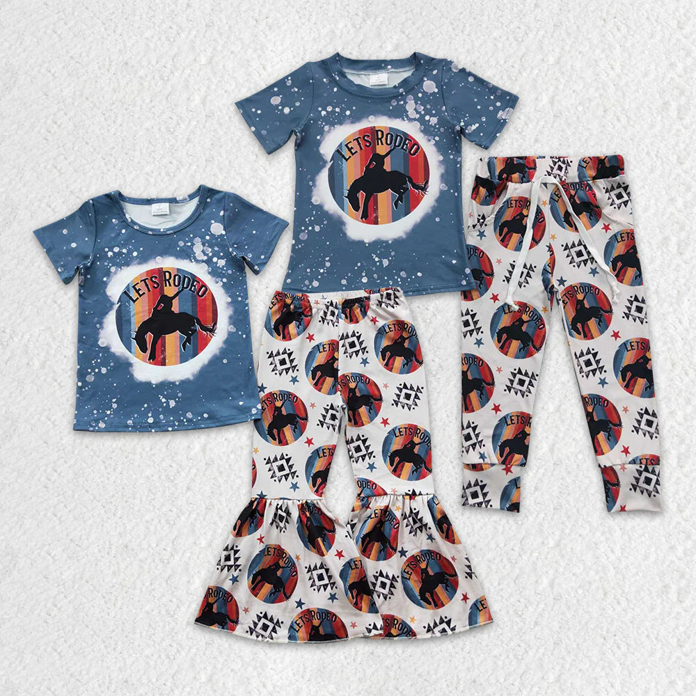 Baby Boy Girl Short Sleeves Western Rodeo Shirt Pants Sibling Clothes Set RTS