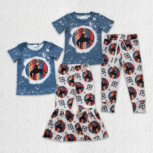 Baby Boy Girl Short Sleeves Western Rodeo Shirt Pants Sibling Clothes Set RTS