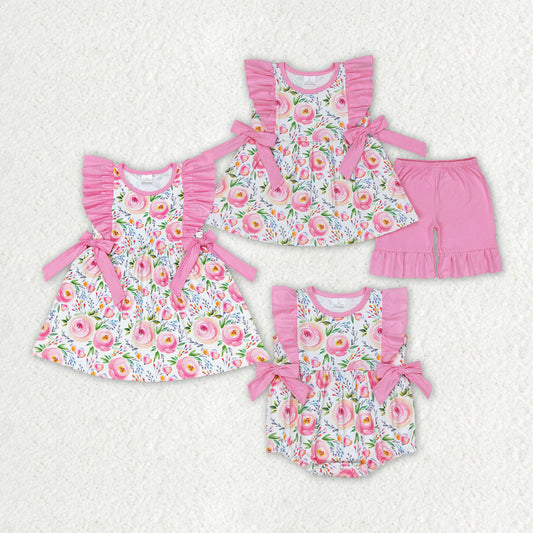 Baby Girl Short Sleeves Flower Summer Sibling Pink Romper Dress Set