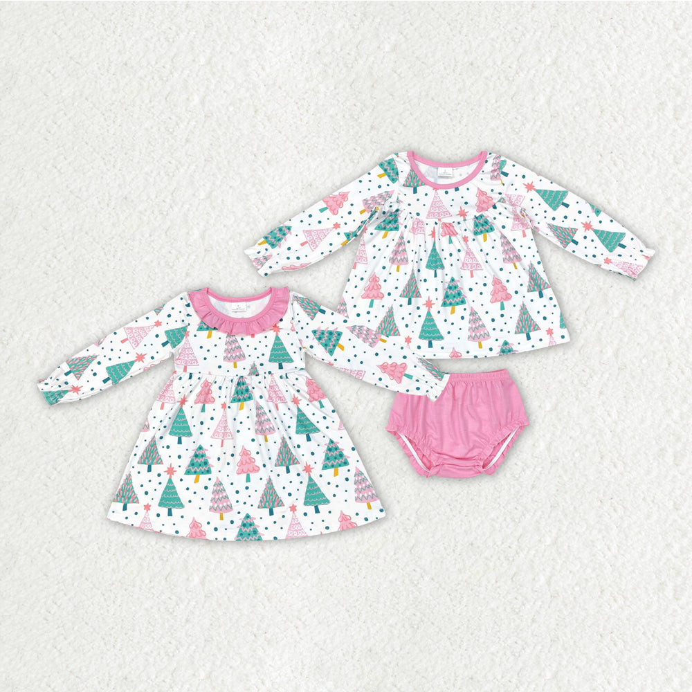 Baby Girl Christmas Colorful Trees Sibling Bummie Set Dress