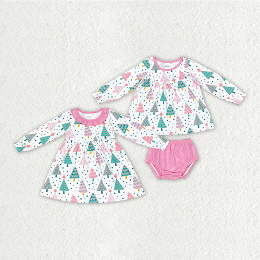 Baby Girl Christmas Colorful Trees Sibling Bummie Set Dress