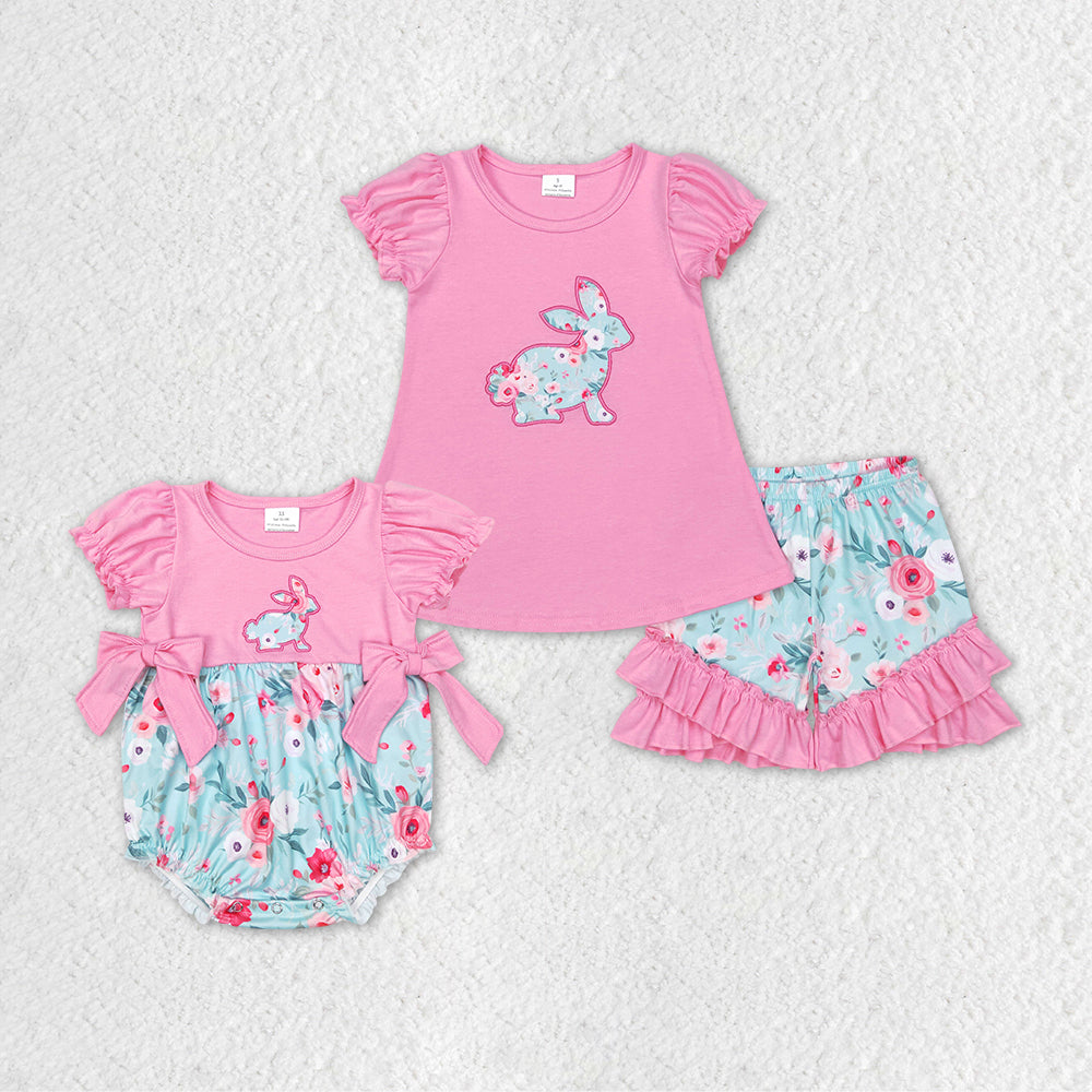 Baby Girl Easter Floral Embroidery Rabbit Sibling Pink Romper Clothes Set RTS