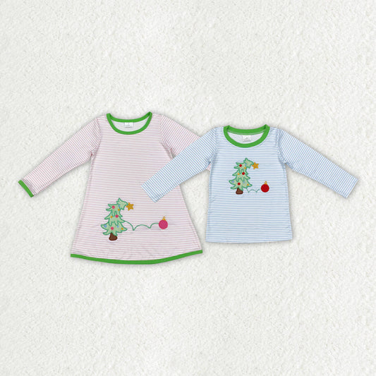 Baby Boy Girl Sibling Christmas Stripes Embroidery Tree Stripes Shirt Dress