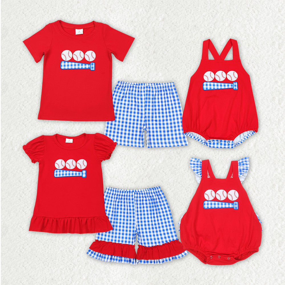 Baby Boy Girl Baseball Embroidery Sibling Red Set Romper