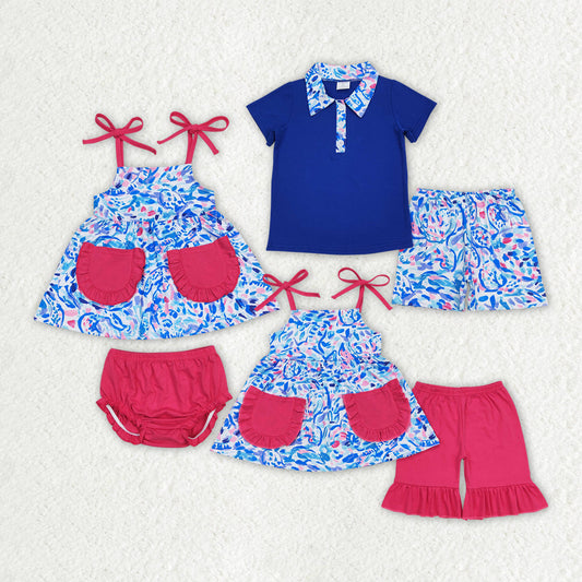 Baby Boy Girl Blue Grasses Summer Sibling Shorts Clothes Set