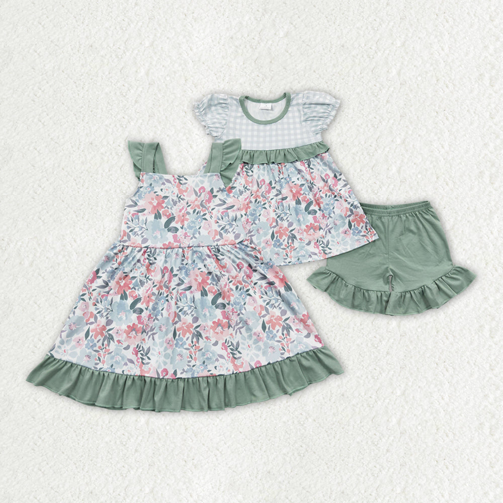 Baby Girl Green Floral Checked Sibling Dress Outfit Clothes Set RTS