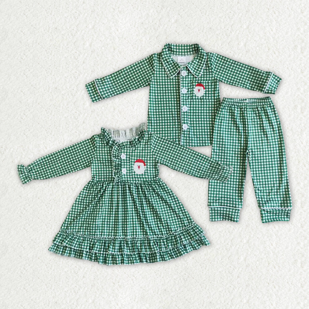 Baby Boy Girl Long Sleeves Christmas Santa Green Plaid Sibling Gowns Dress Pajamas Set