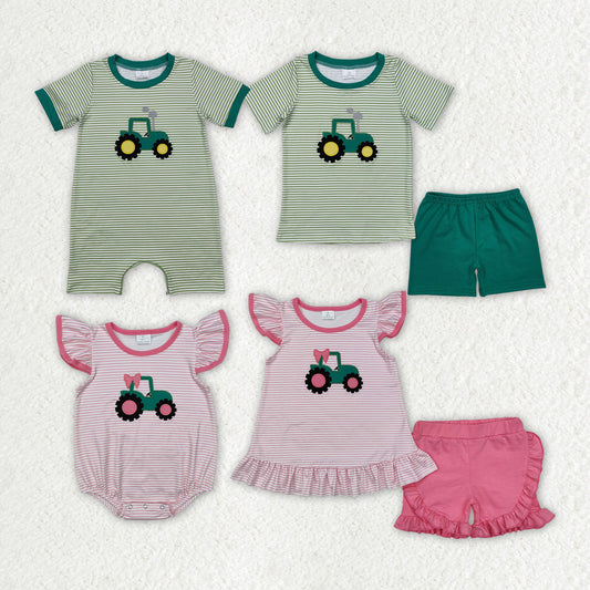 Baby Boy Girl Short Sleeves Embroidery Trucks Bows Sibling Romper Clothes Set