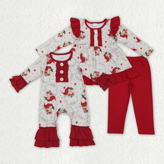 Baby Girl Long Sleeves Santa Stars Sibling Christmas Red Ruffle Romper Outfit Clothes RTS