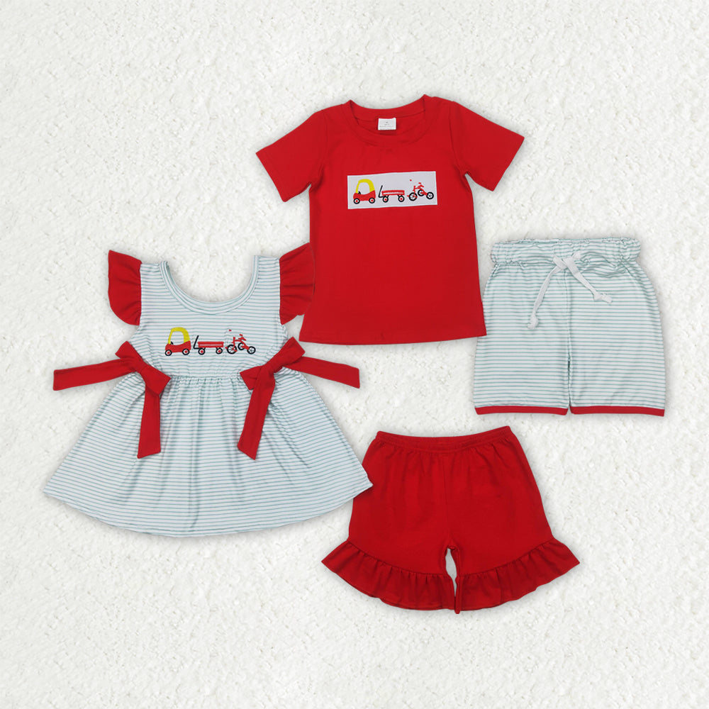 Baby Boy Girl Short Sleeves Embroidery Trucks Sibling Summer Outfit Clothes RTS