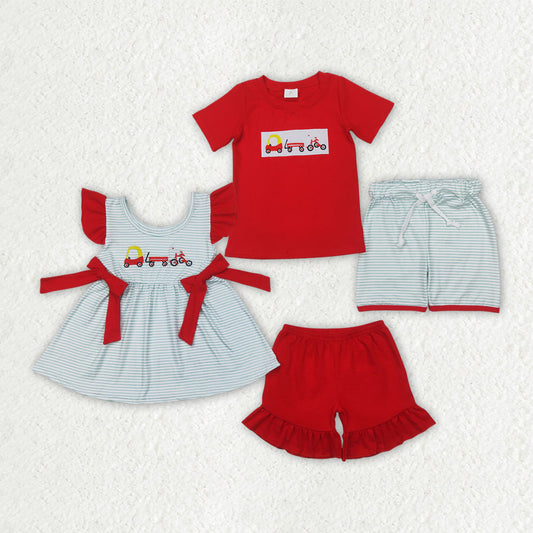 Baby Boy Girl Short Sleeves Embroidery Trucks Sibling Summer Outfit Clothes RTS