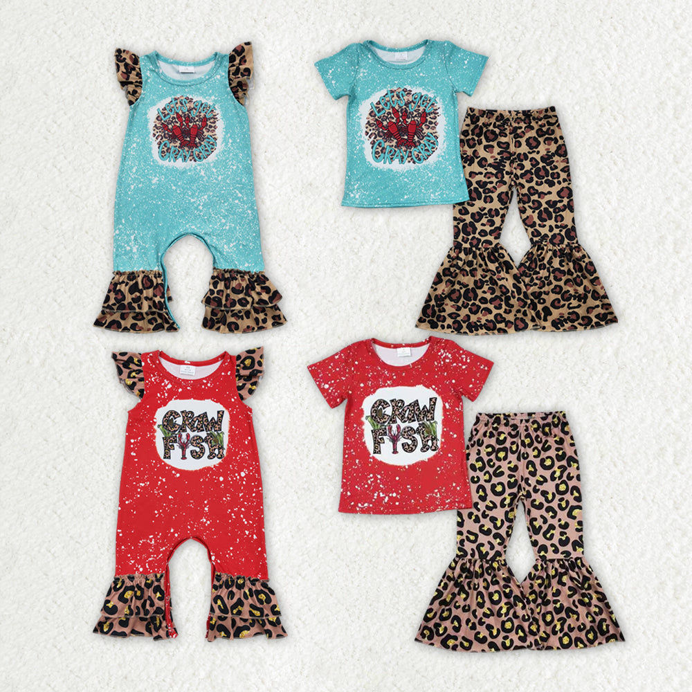 Baby Girl Short Sleeves Crawfish Leopard Sibling Romper Clothes Set