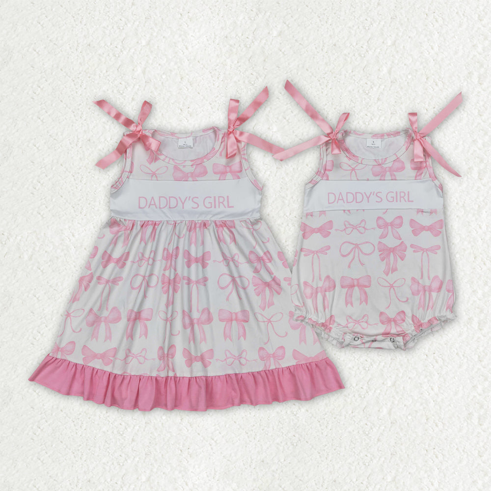 Baby Kids Toddler Sleeveless Daddy's Girl Pink Bows Sibling Romper Dress RTS