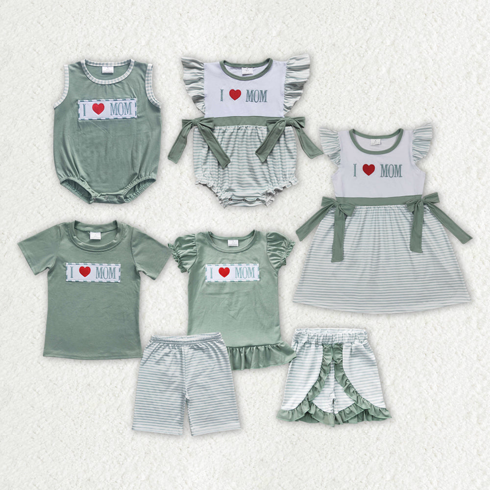 Baby Boy Girl Embroidery I Love Mom Green Sibling Romper Dress Clothes Set