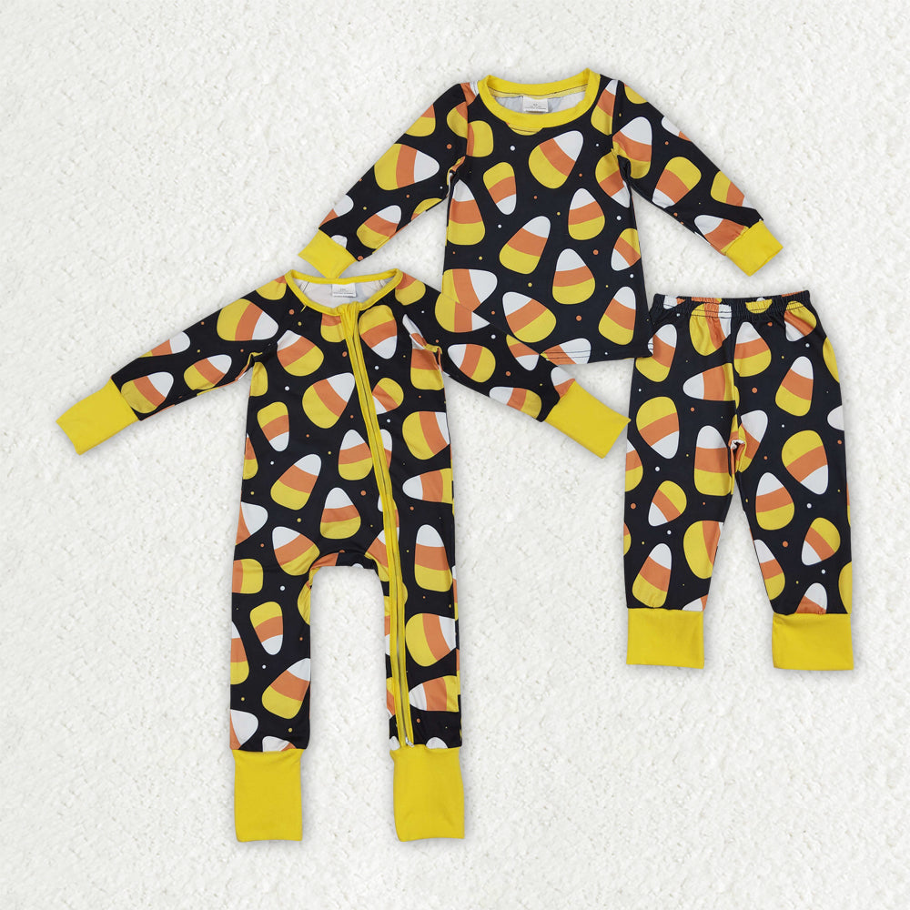 Baby Kids Toddler Long Sleeves Candy Corn Sibling Halloween Romper Pajamas Set RTS