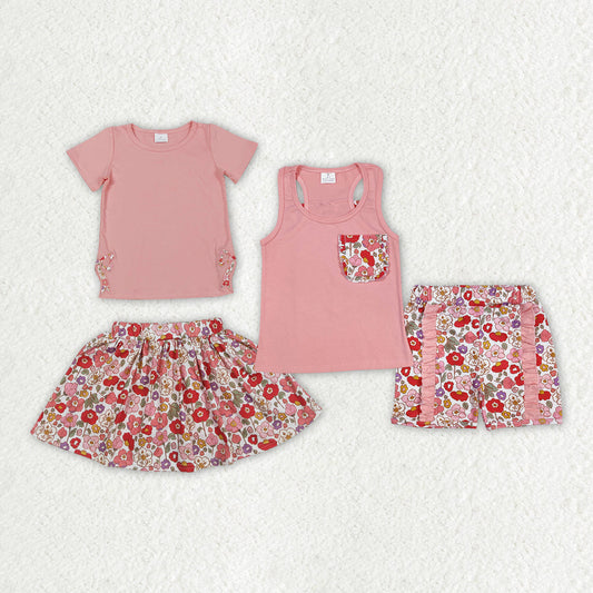 Baby Girl Embroidery Bows Pink Shirt Flower Shorts Skorts Sibling Set RTS