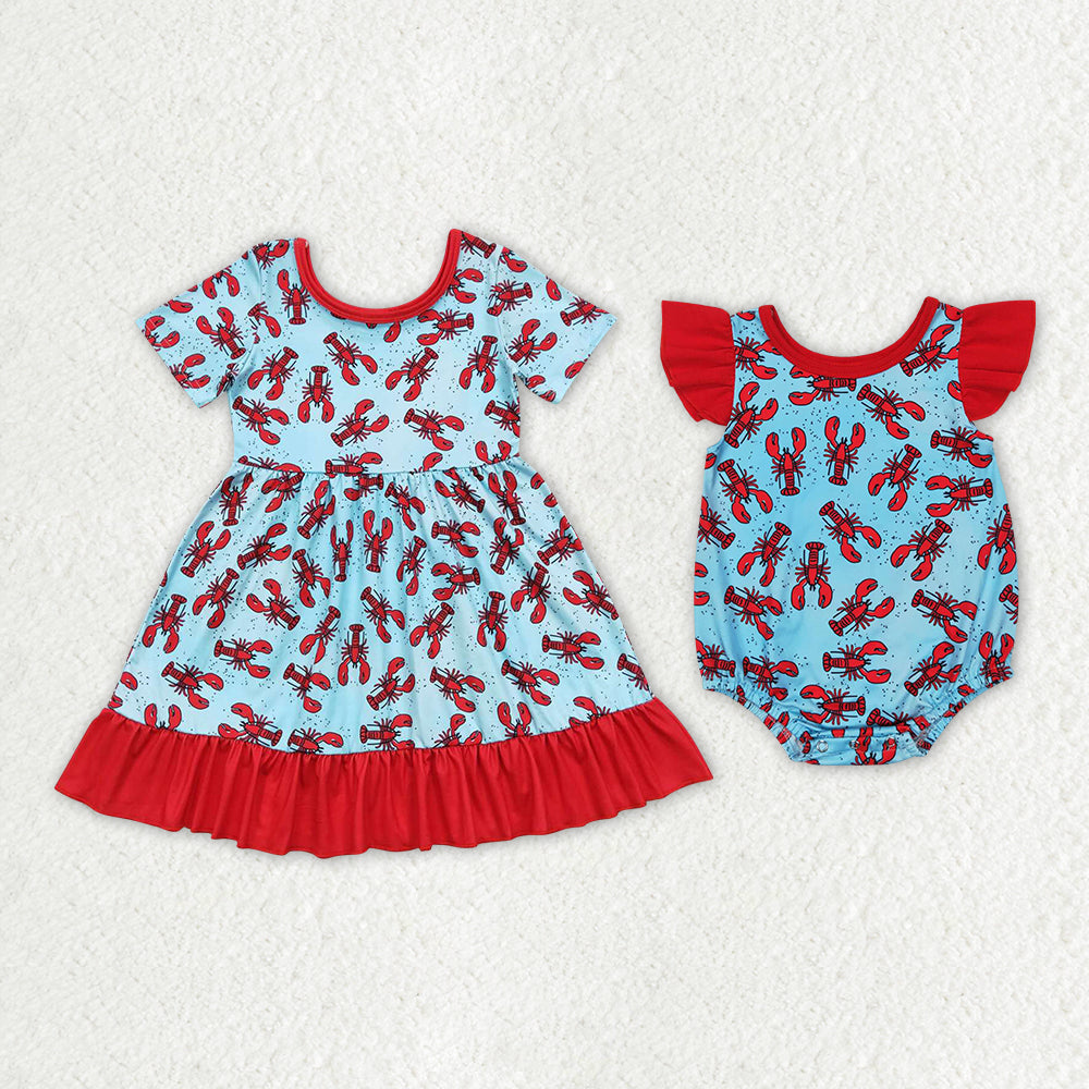 Baby Girl Short Sleeves Crawfish Sibling Romper Dress