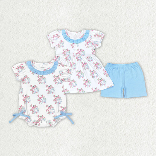 Baby Girl Bird House Flower Sibling Romper Set