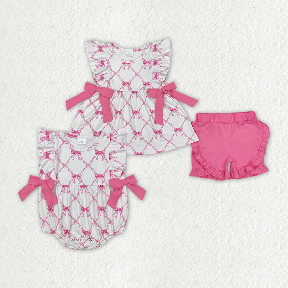 Baby Girl Short Sleeves Pink Bows Sibling Sister Romper Clothes Set