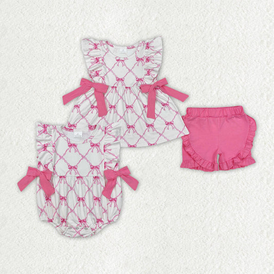 Baby Girl Short Sleeves Pink Bows Sibling Sister Romper Clothes Set