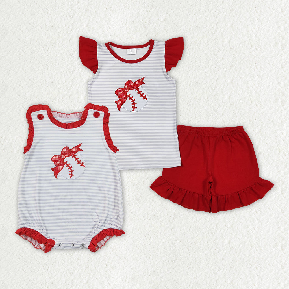 Baby Girl Embroidery Bow Baseball Strips Sibling Romper Clothes Set RTS