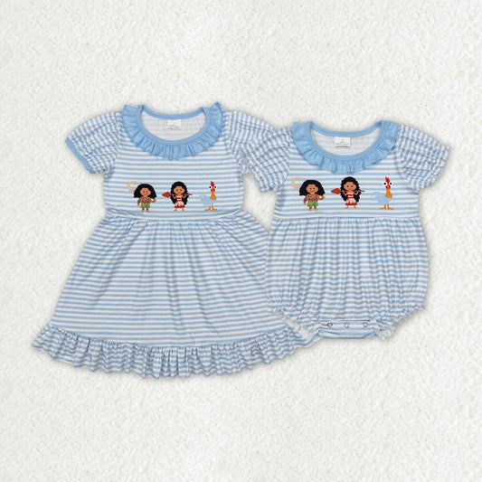 Baby Girl Short Sleeves Blue Stripes Princess Sibling Romper Dress RTS