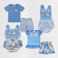 Baby Boy Girl Embroidery Chicken Sibling Blue Checked Flower Romper Clothes Set RTS